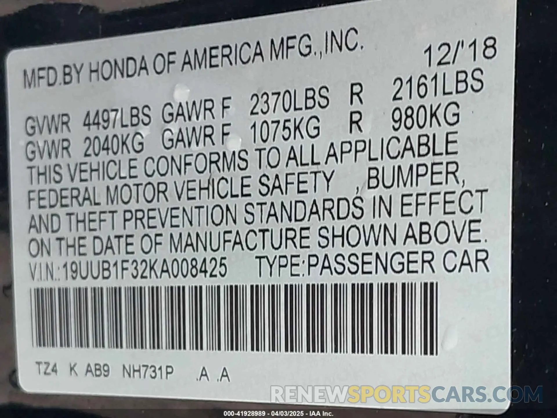 9 Photograph of a damaged car 19UUB1F32KA008425 ACURA TLX 2019