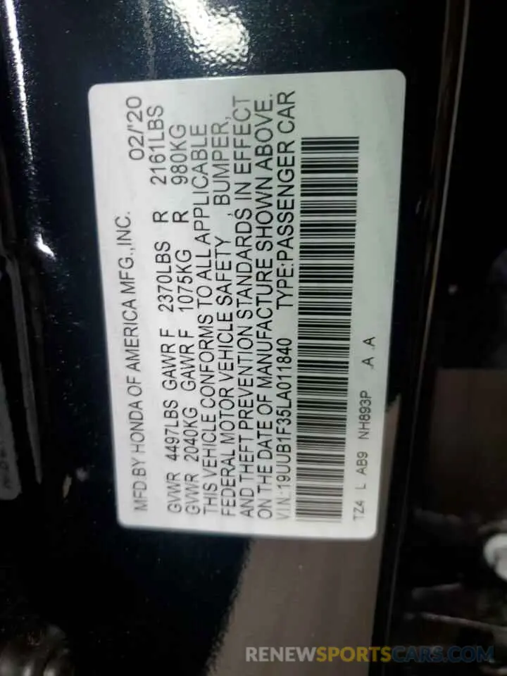 12 Photograph of a damaged car 19UUB1F35LA011840 ACURA TLX 2020
