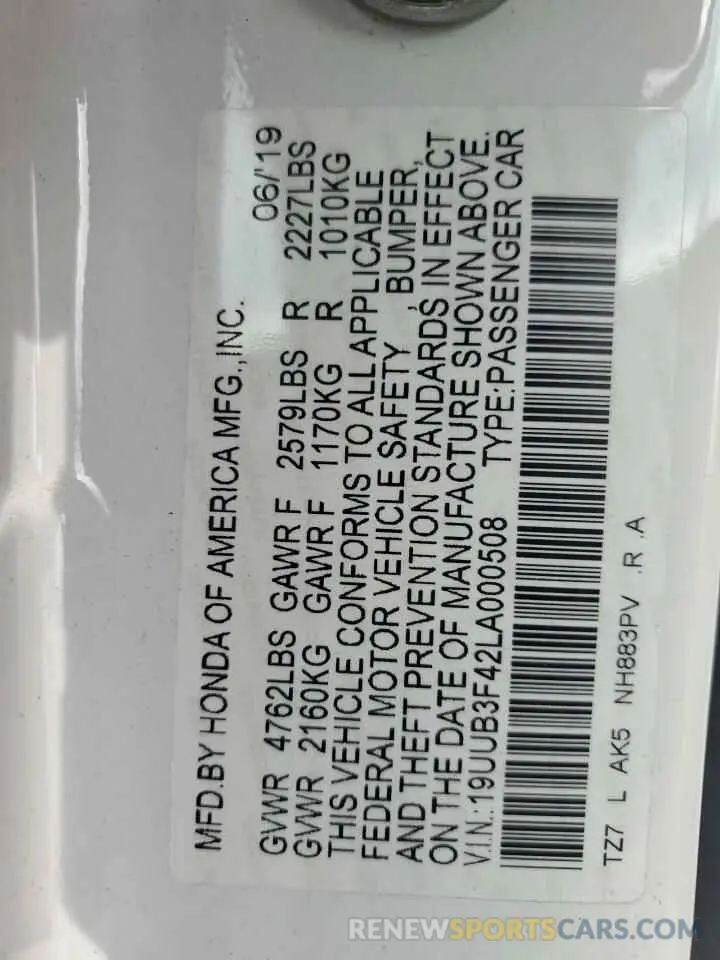 12 Photograph of a damaged car 19UUB3F42LA000508 ACURA TLX 2020
