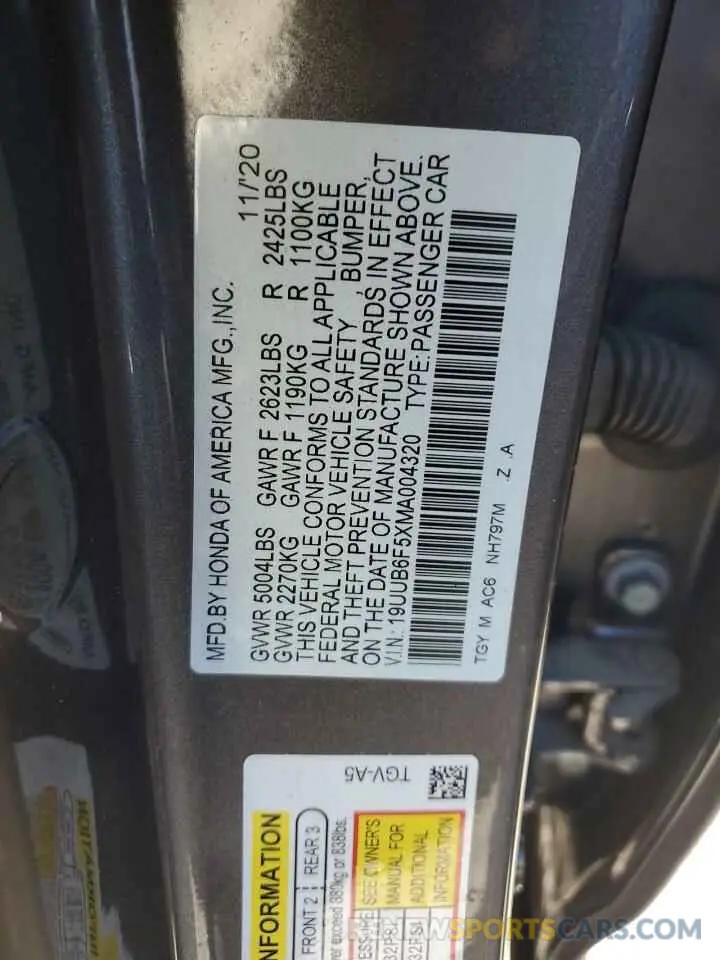 12 Photograph of a damaged car 19UUB6F5XMA004320 ACURA TLX 2021