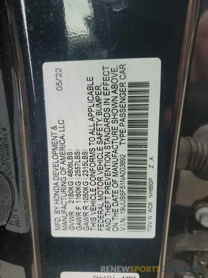 12 Photograph of a damaged car 19UUB5F51NA003892 ACURA TLX 2022