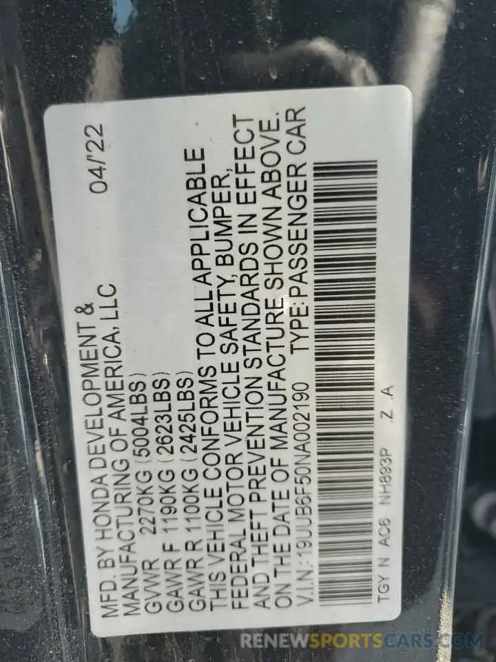 12 Photograph of a damaged car 19UUB6F50NA002190 ACURA TLX 2022