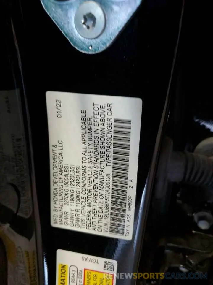 12 Photograph of a damaged car 19UUB6F57NA000128 ACURA TLX 2022