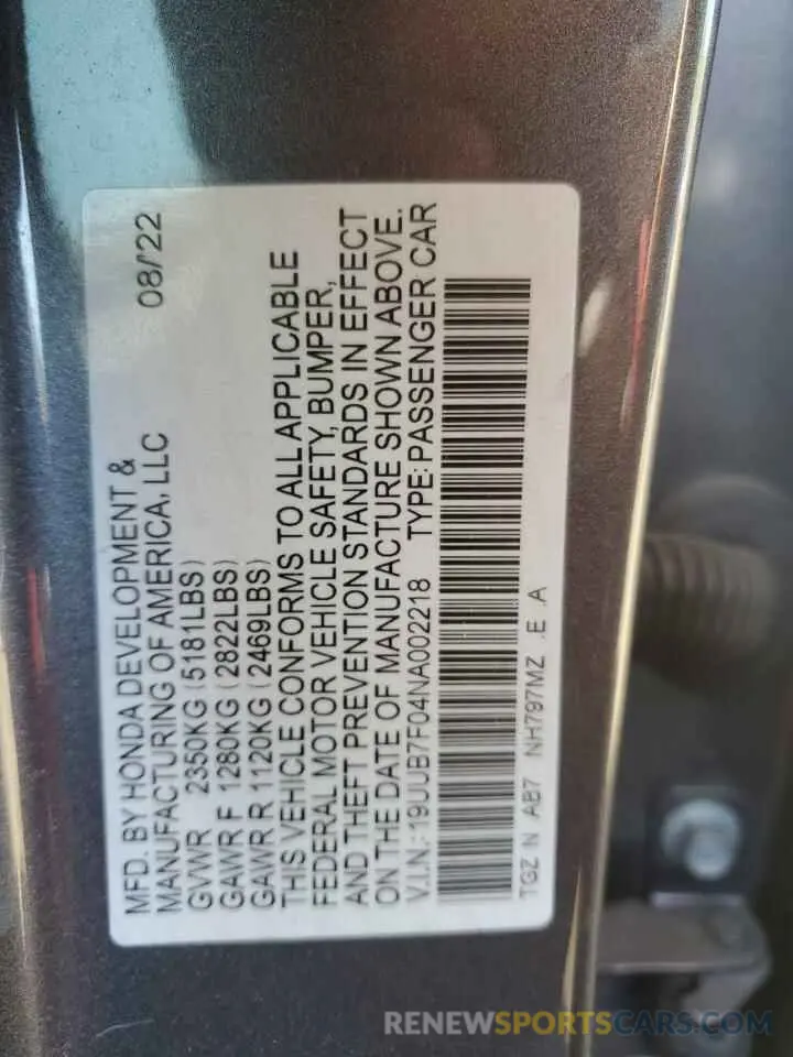 12 Photograph of a damaged car 19UUB7F04NA002218 ACURA TLX 2022