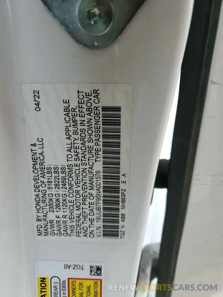 12 Photograph of a damaged car 19UUB7F95NA001576 ACURA TLX 2022