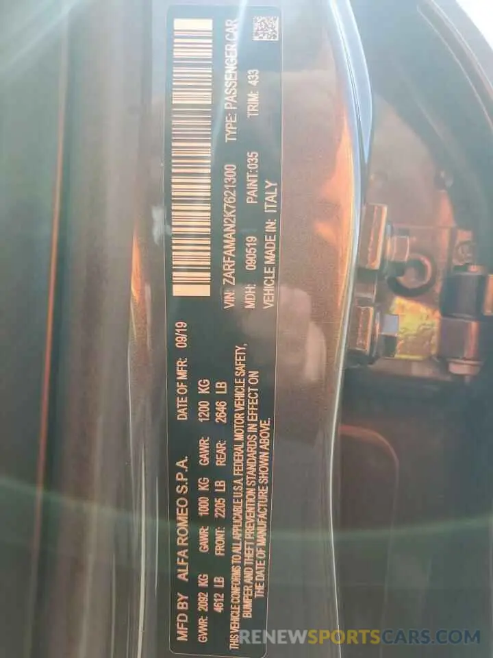 13 Photograph of a damaged car ZARFAMAN2K7621300 ALFA ROMEO GIULIA 2019