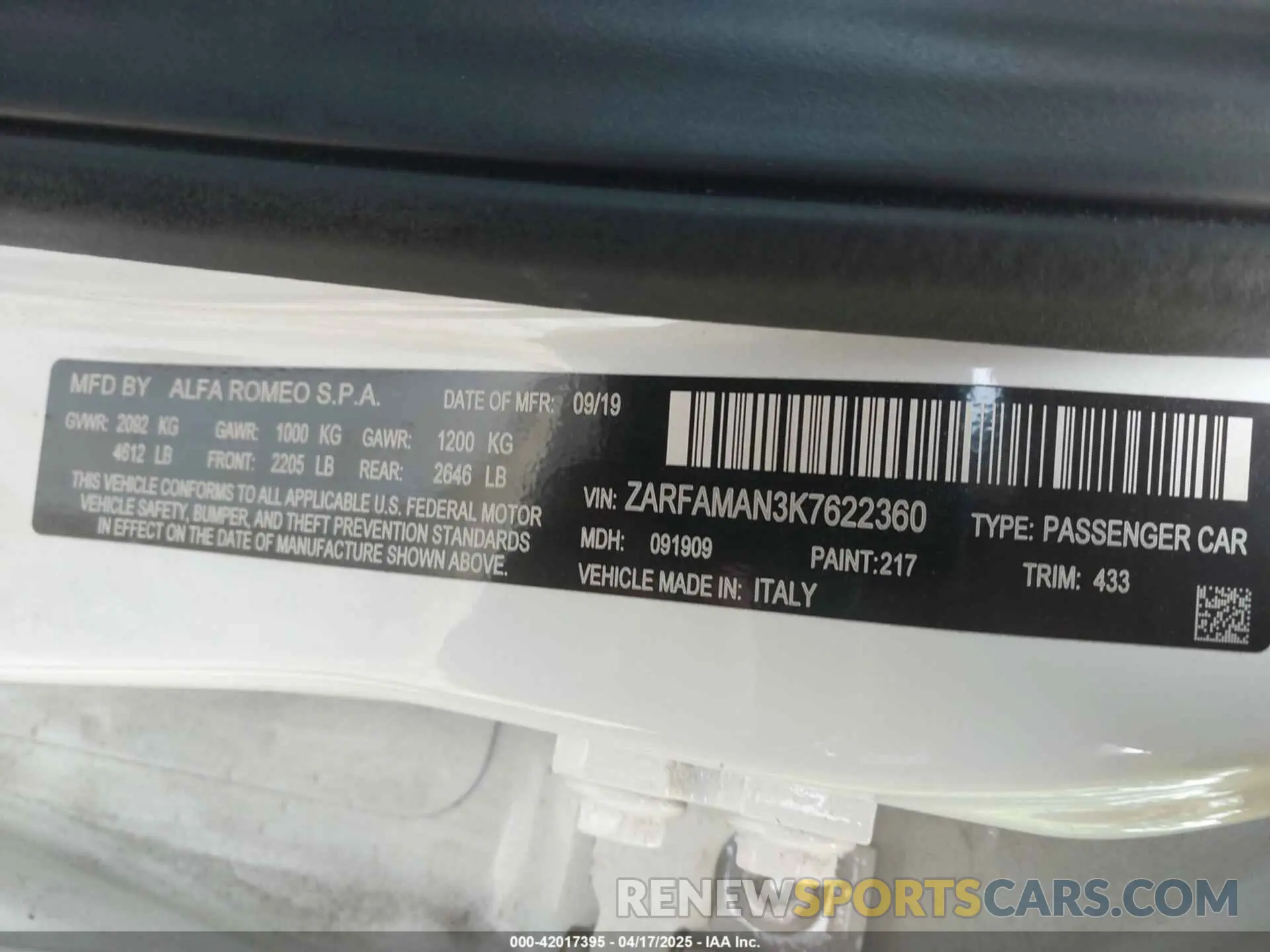 9 Photograph of a damaged car ZARFAMAN3K7622360 ALFA ROMEO GIULIA 2019