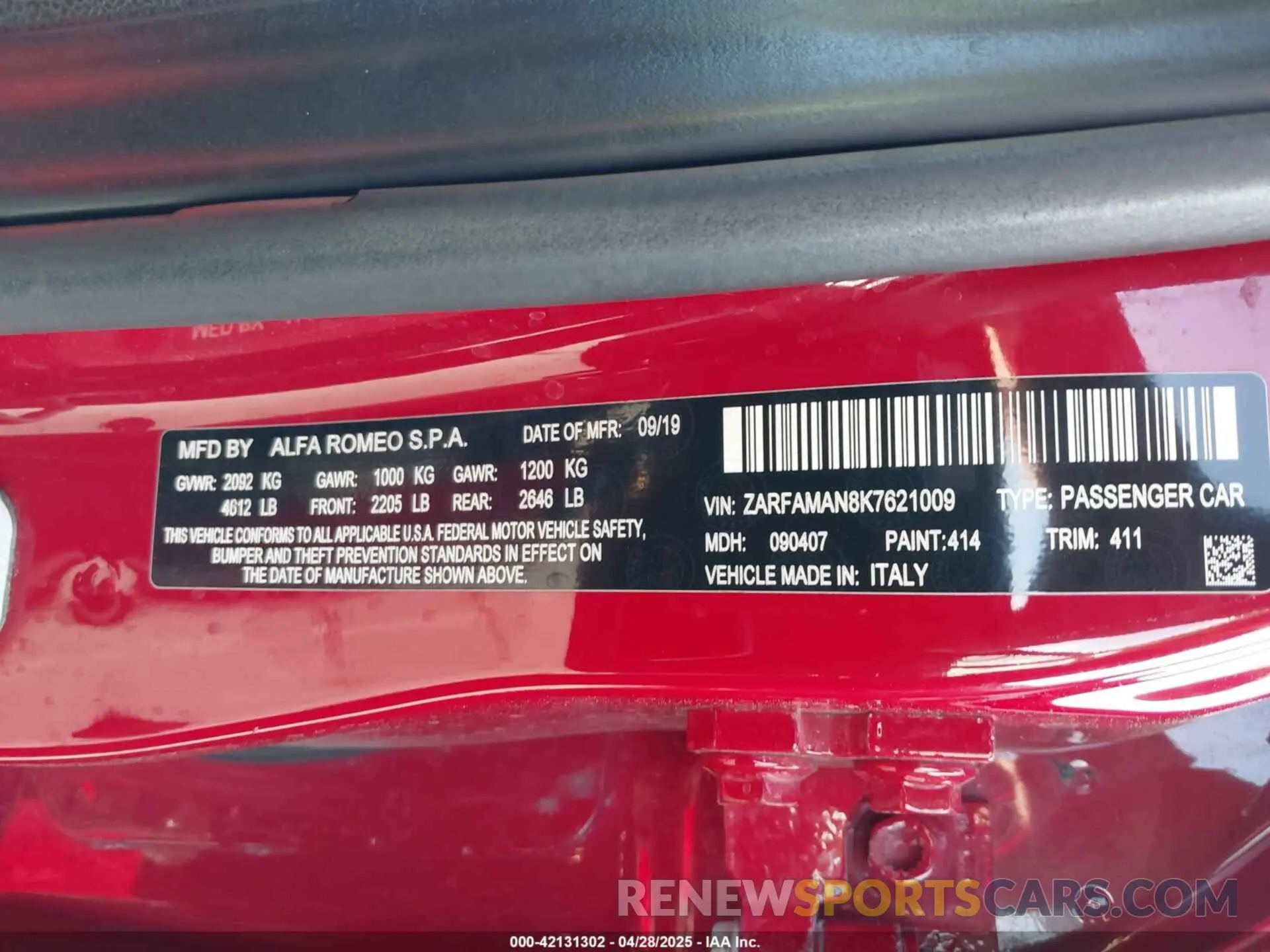 9 Photograph of a damaged car ZARFAMAN8K7621009 ALFA ROMEO GIULIA 2019