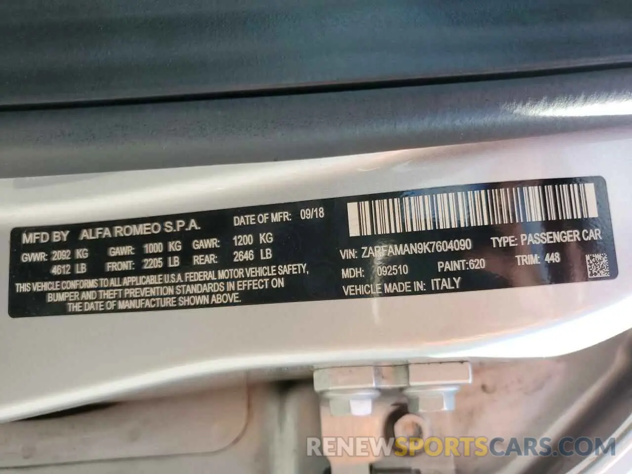 12 Photograph of a damaged car ZARFAMAN9K7604090 ALFA ROMEO GIULIA 2019