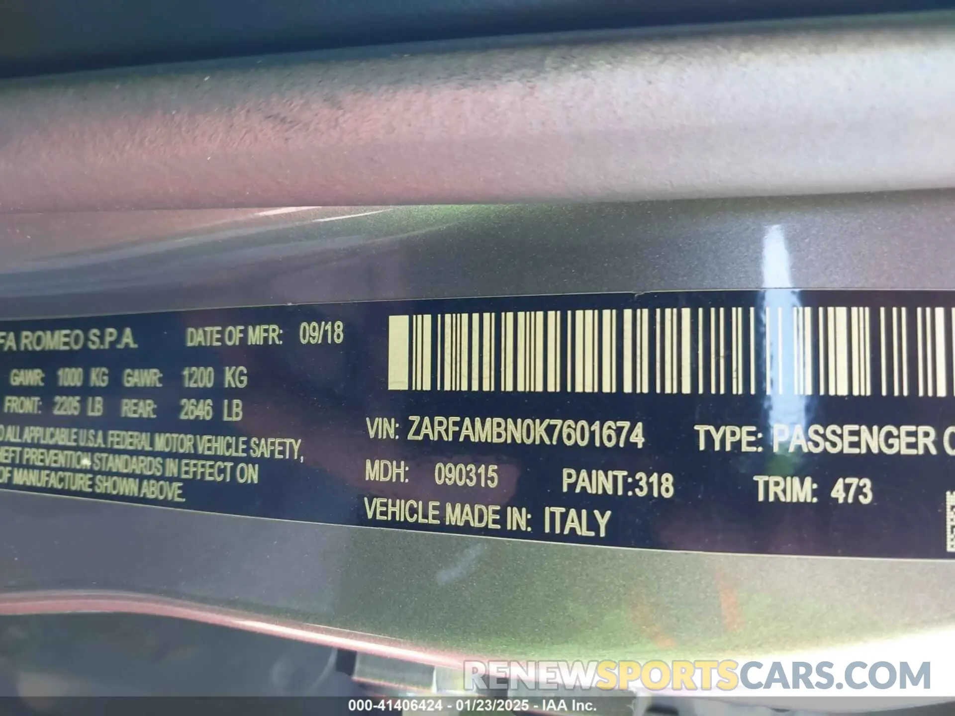 9 Photograph of a damaged car ZARFAMBN0K7601674 ALFA ROMEO GIULIA 2019