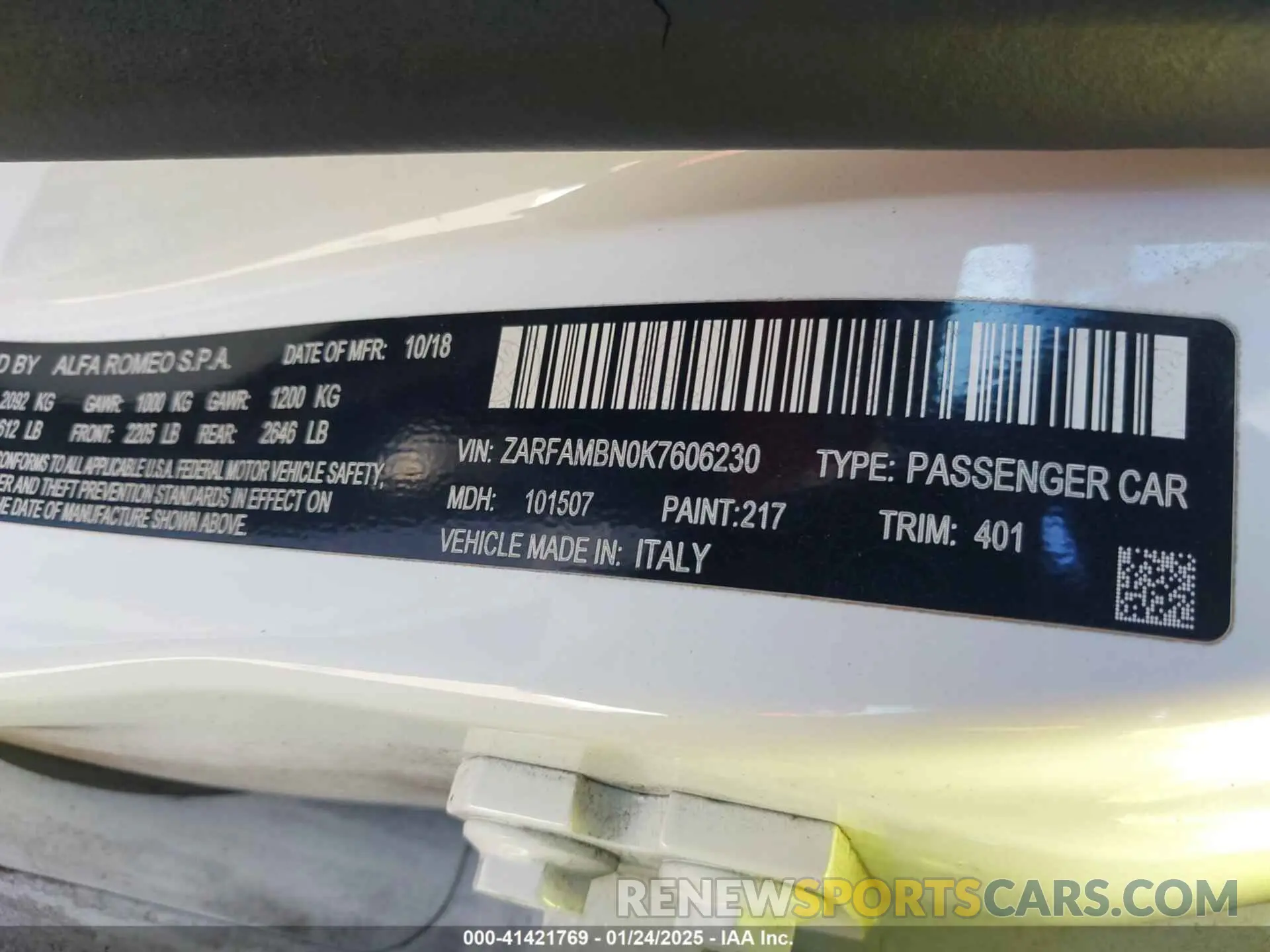 9 Photograph of a damaged car ZARFAMBN0K7606230 ALFA ROMEO GIULIA 2019