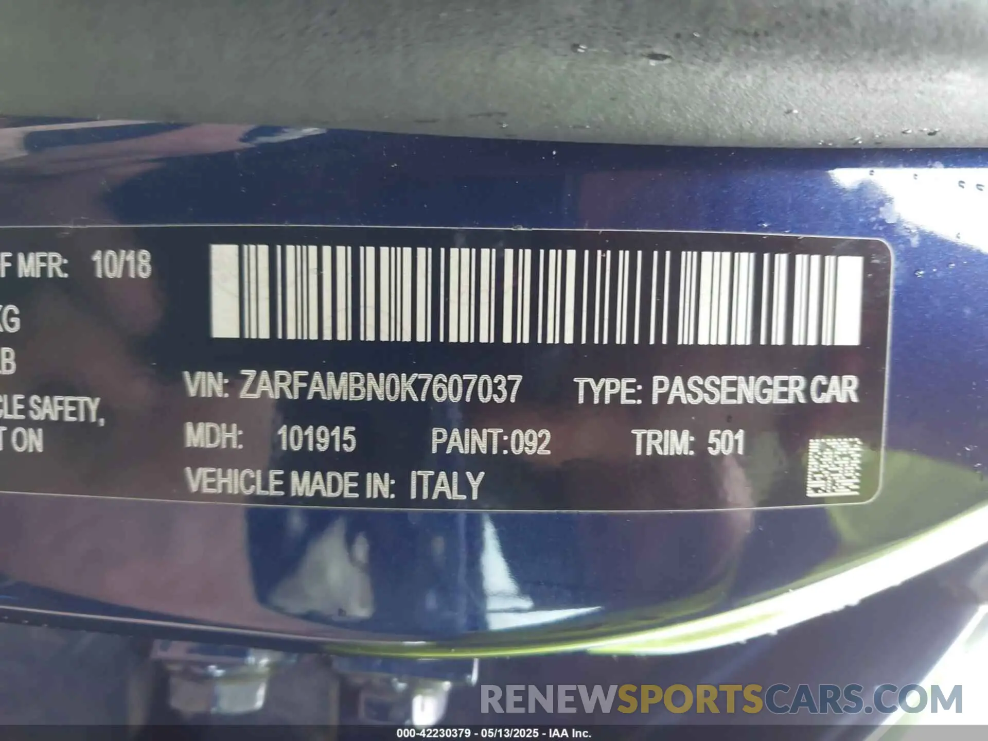 9 Photograph of a damaged car ZARFAMBN0K7607037 ALFA ROMEO GIULIA 2019
