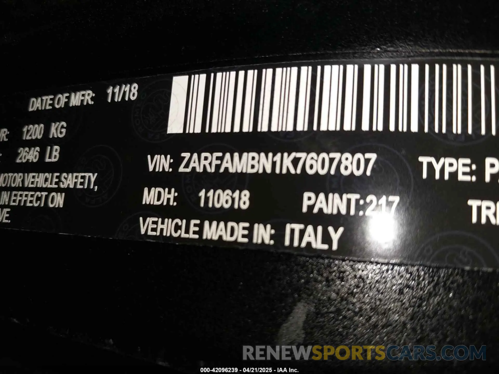 9 Photograph of a damaged car ZARFAMBN1K7607807 ALFA ROMEO GIULIA 2019