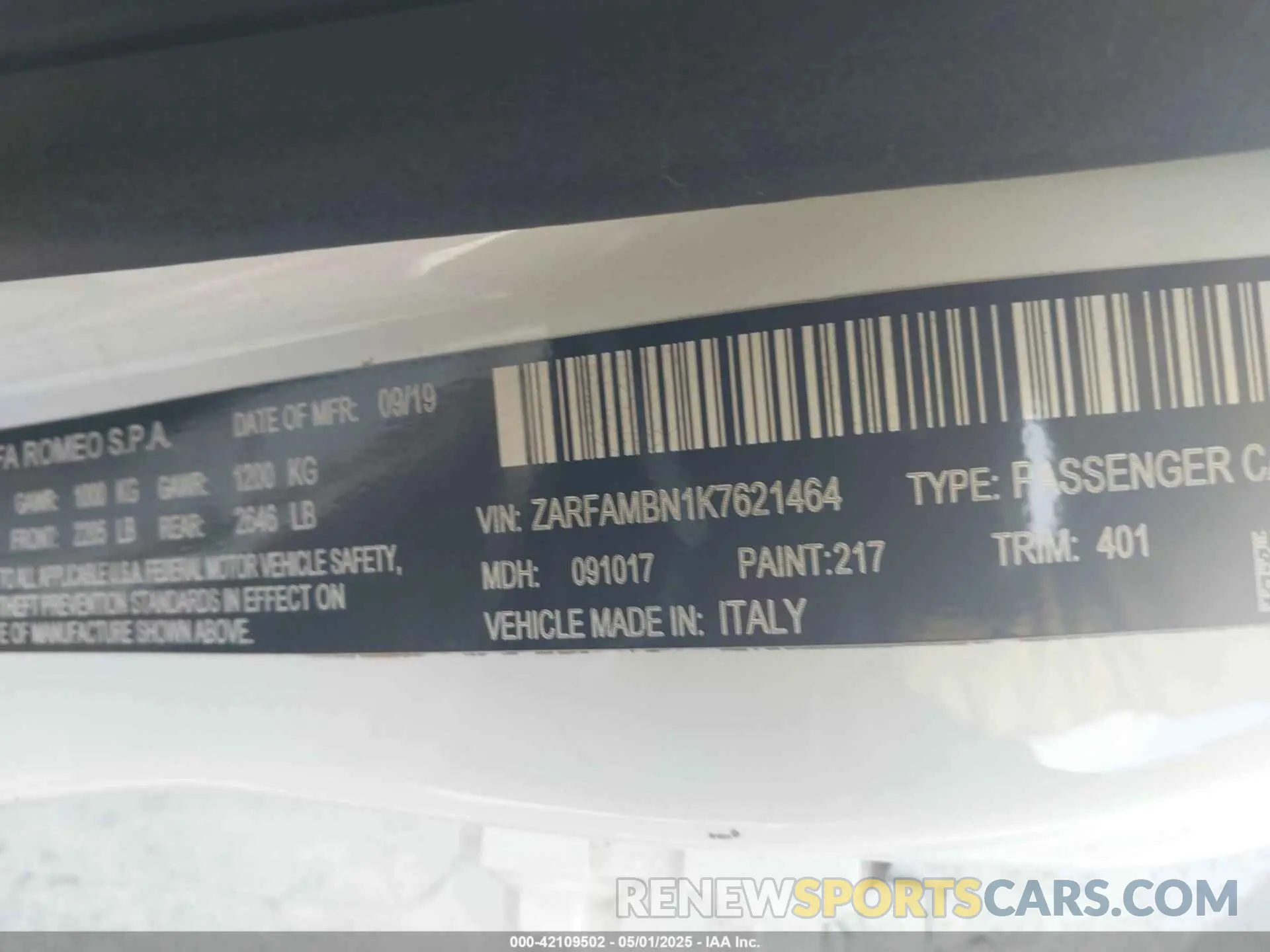 9 Photograph of a damaged car ZARFAMBN1K7621464 ALFA ROMEO GIULIA 2019