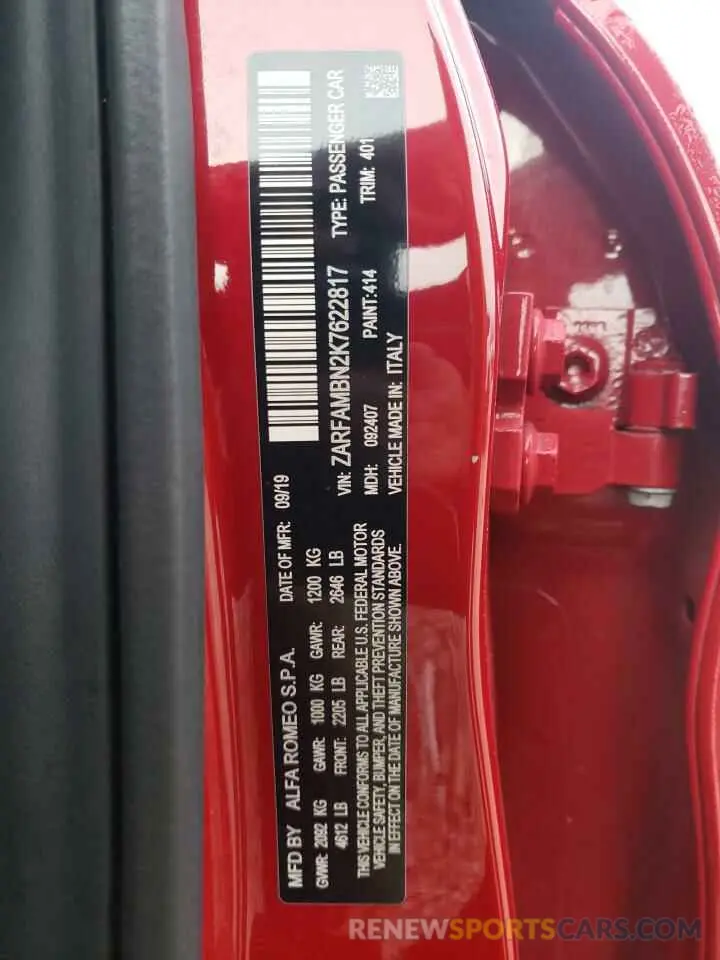 12 Photograph of a damaged car ZARFAMBN2K7622817 ALFA ROMEO GIULIA 2019