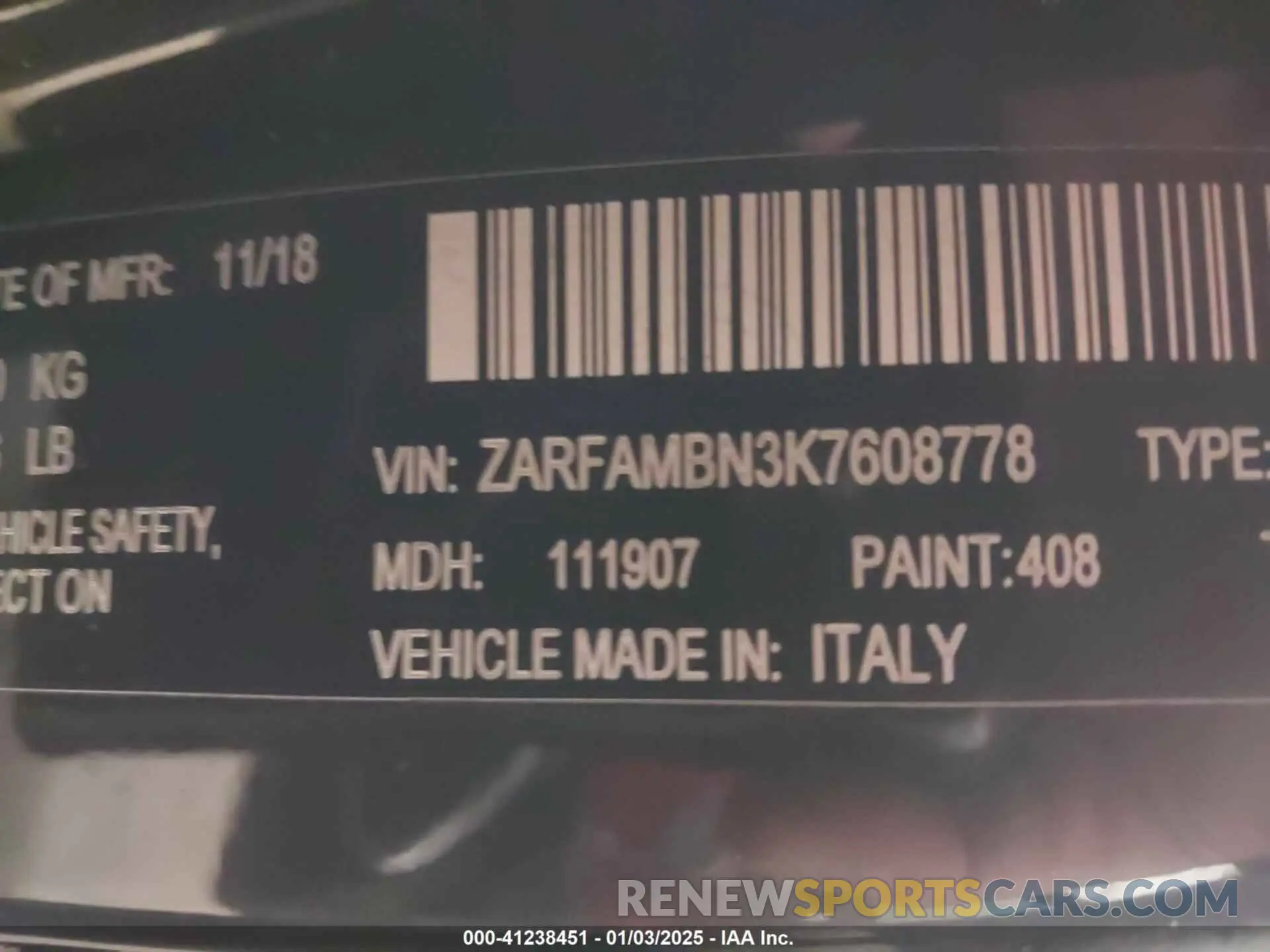 9 Photograph of a damaged car ZARFAMBN3K7608778 ALFA ROMEO GIULIA 2019