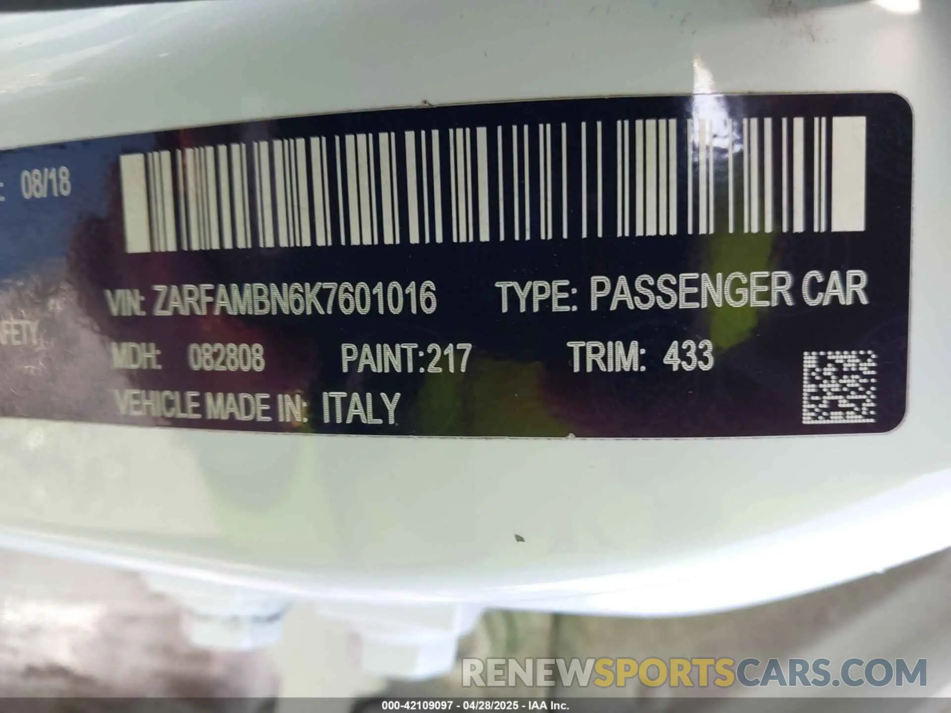 9 Photograph of a damaged car ZARFAMBN6K7601016 ALFA ROMEO GIULIA 2019