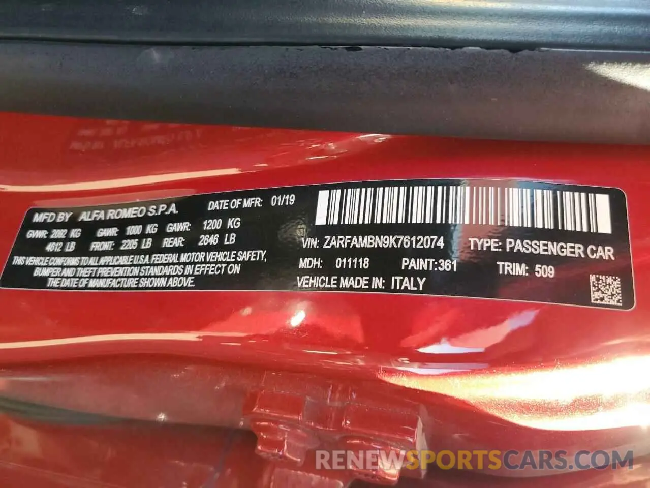 12 Photograph of a damaged car ZARFAMBN9K7612074 ALFA ROMEO GIULIA 2019