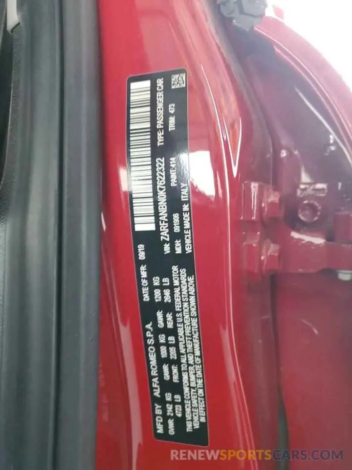 12 Photograph of a damaged car ZARFANBN0K7622322 ALFA ROMEO GIULIA 2019