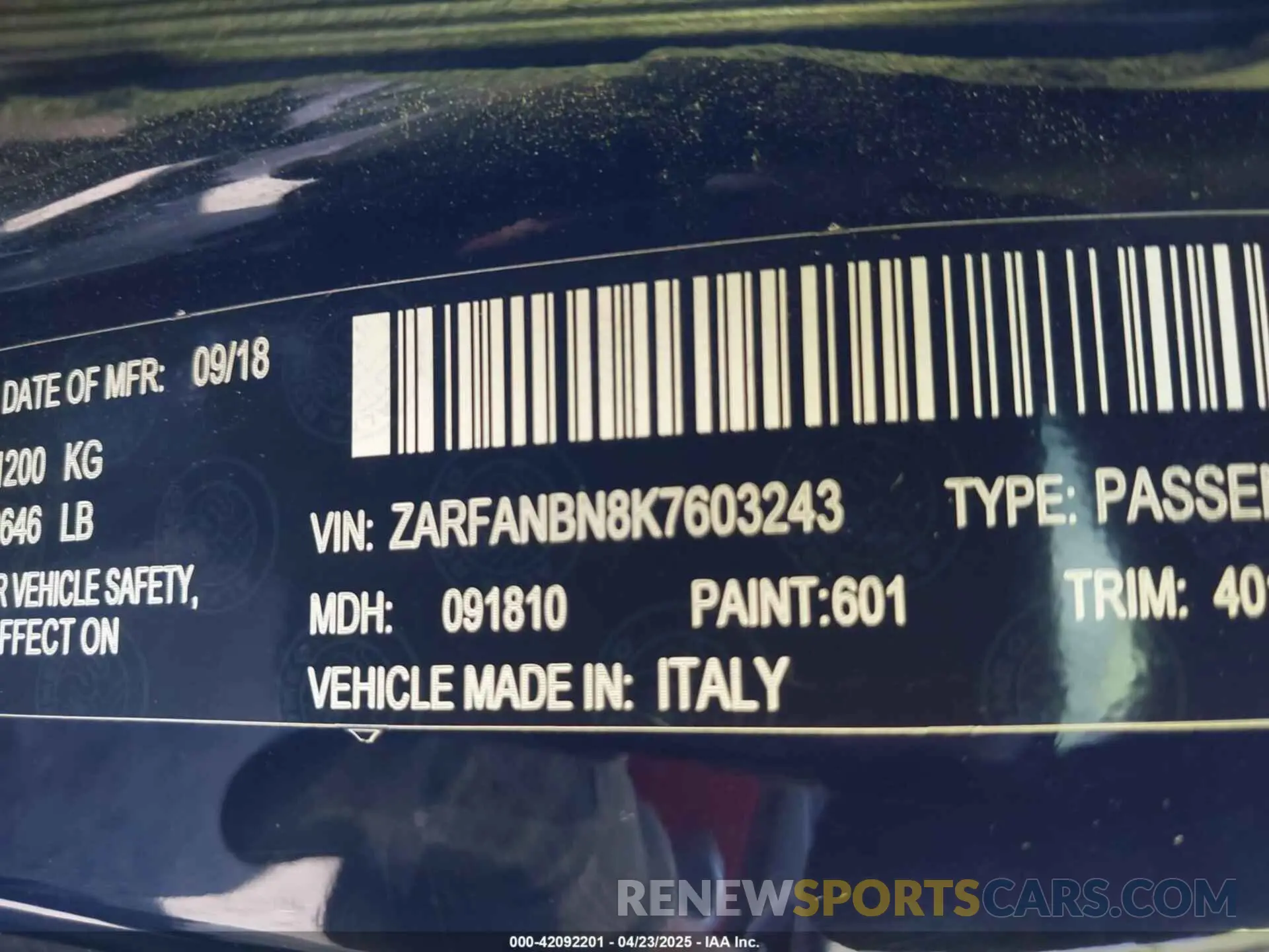 9 Photograph of a damaged car ZARFANBN8K7603243 ALFA ROMEO GIULIA 2019
