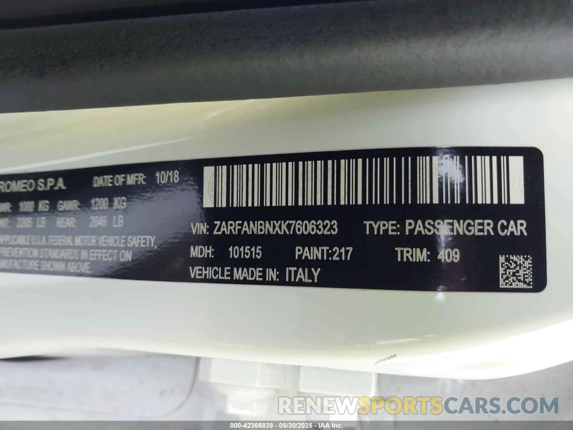 9 Photograph of a damaged car ZARFANBNXK7606323 ALFA ROMEO GIULIA 2019