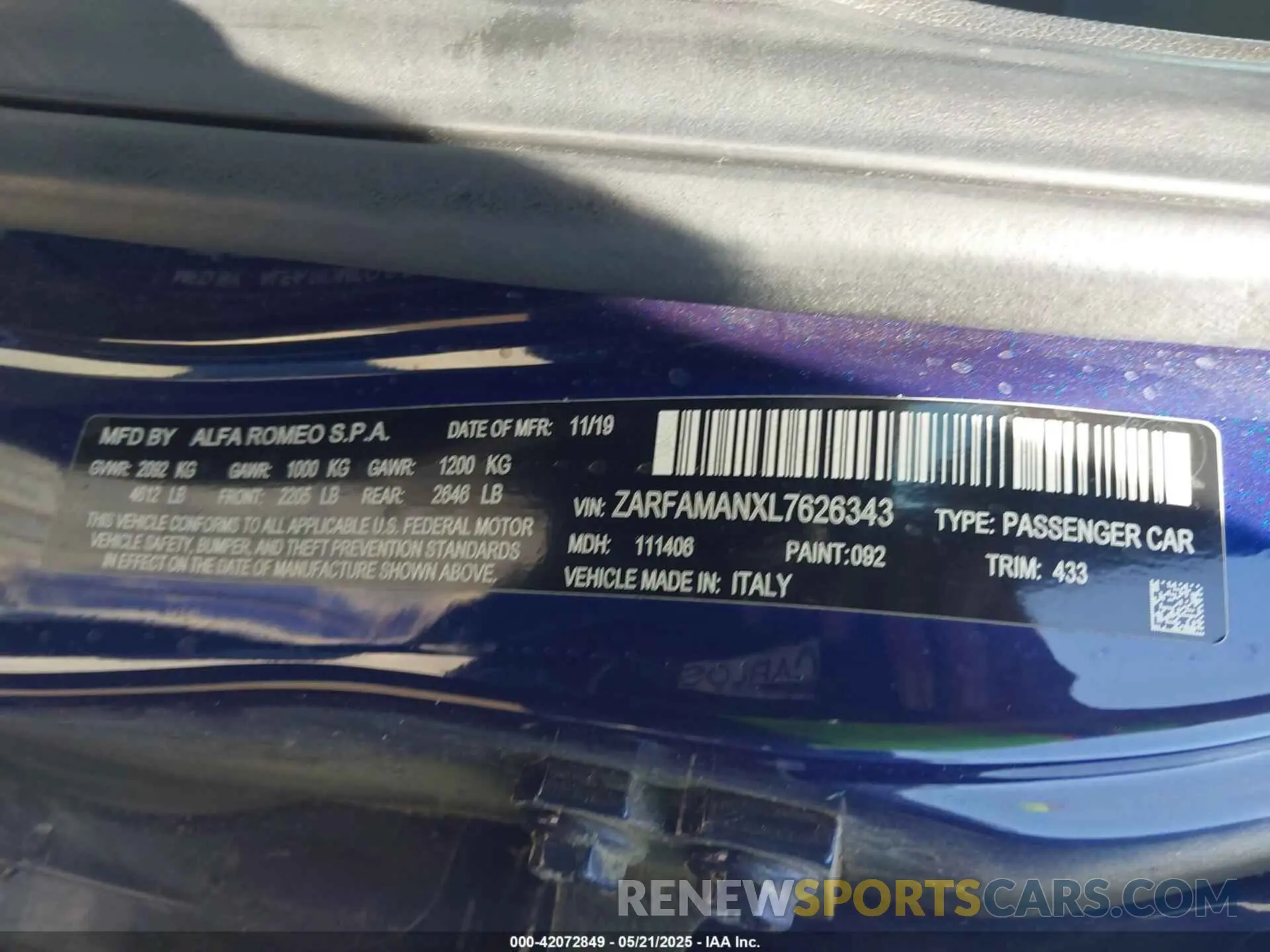 9 Photograph of a damaged car ZARFAMANXL7626343 ALFA ROMEO GIULIA 2020
