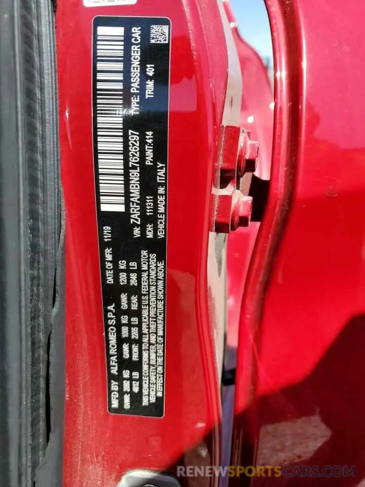 12 Photograph of a damaged car ZARFAMBN9L7626297 ALFA ROMEO GIULIA 2020