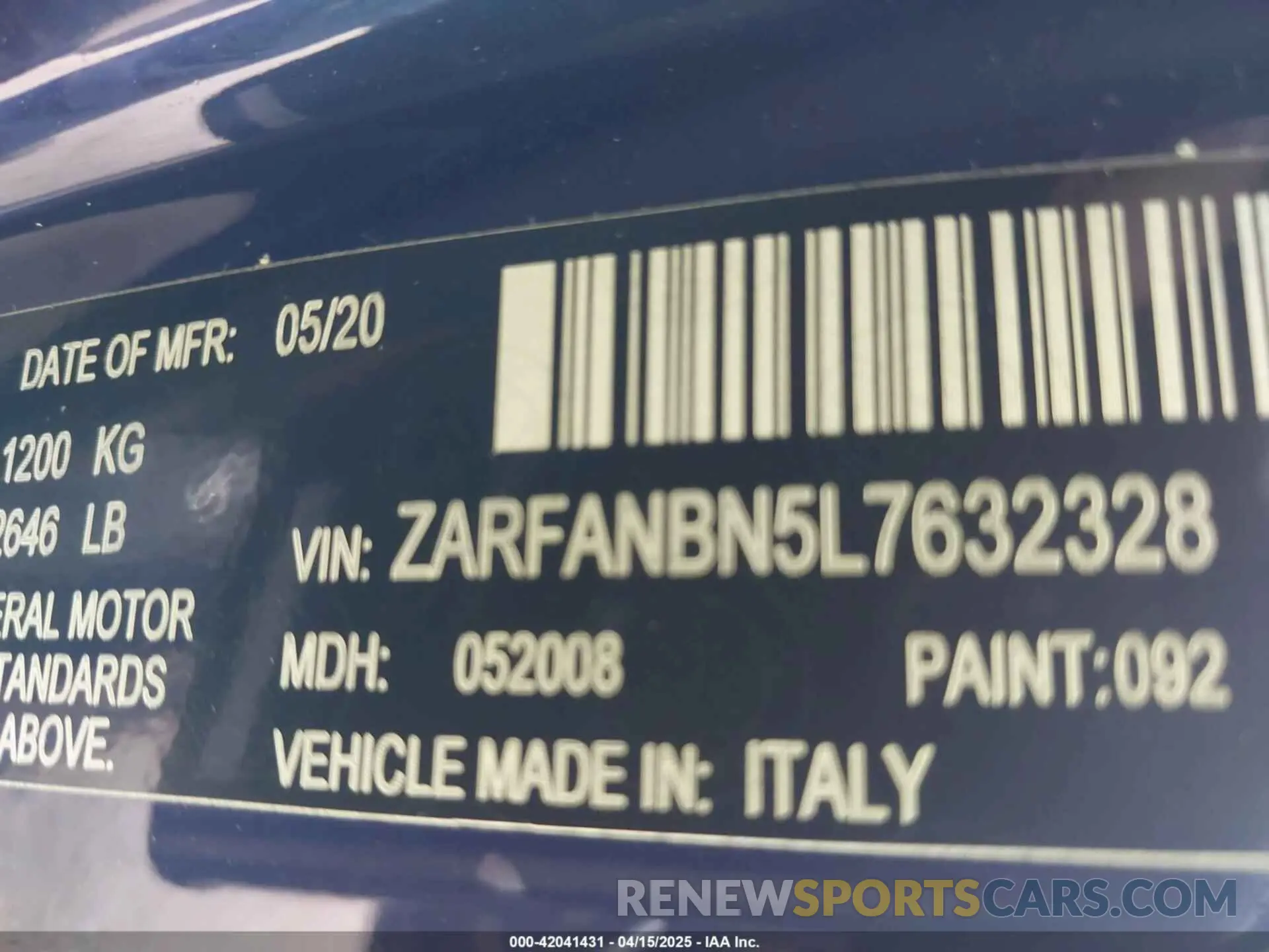 9 Photograph of a damaged car ZARFANBN5L7632328 ALFA ROMEO GIULIA 2020