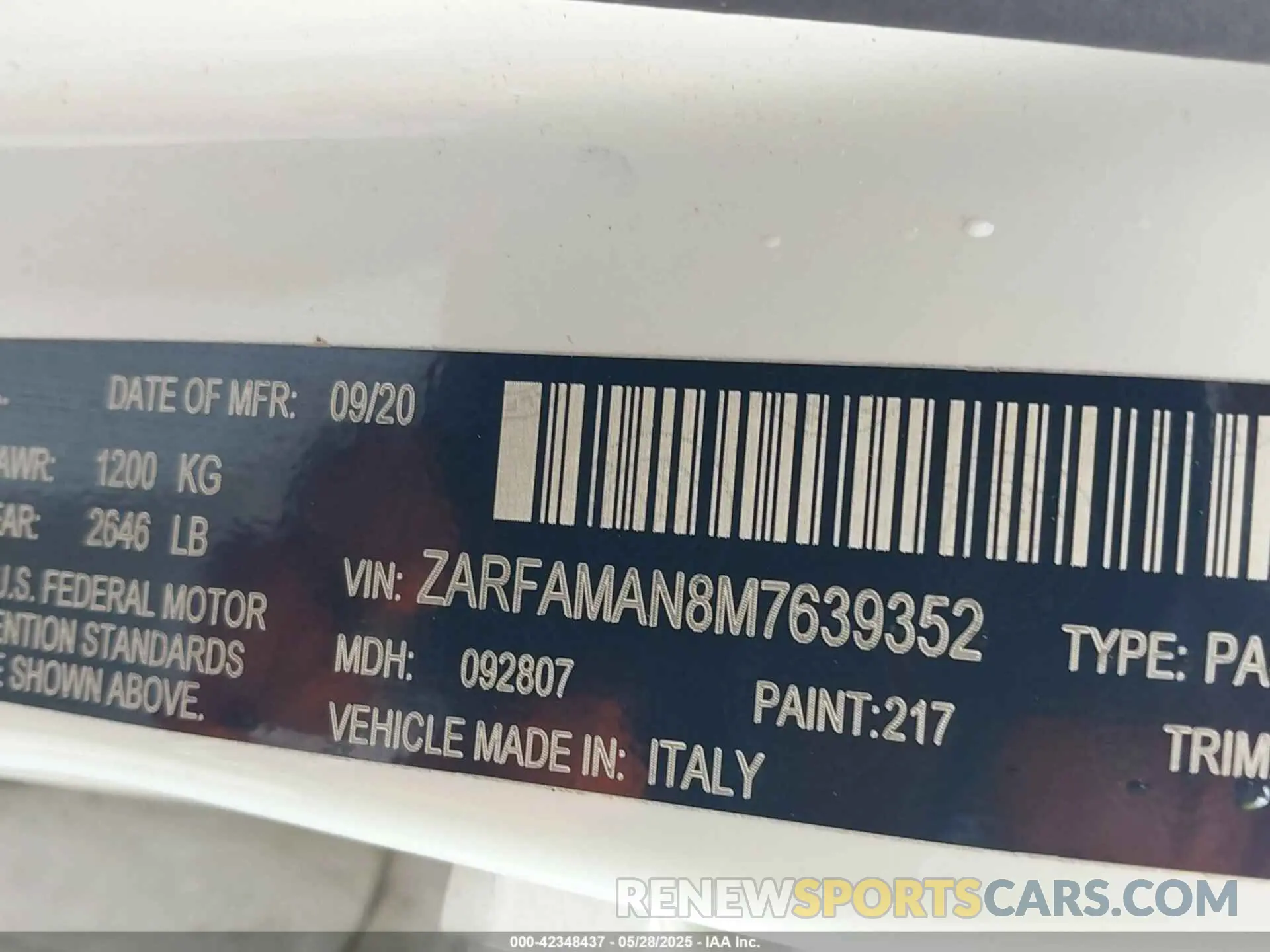 9 Photograph of a damaged car ZARFAMAN8M7639352 ALFA ROMEO GIULIA 2021