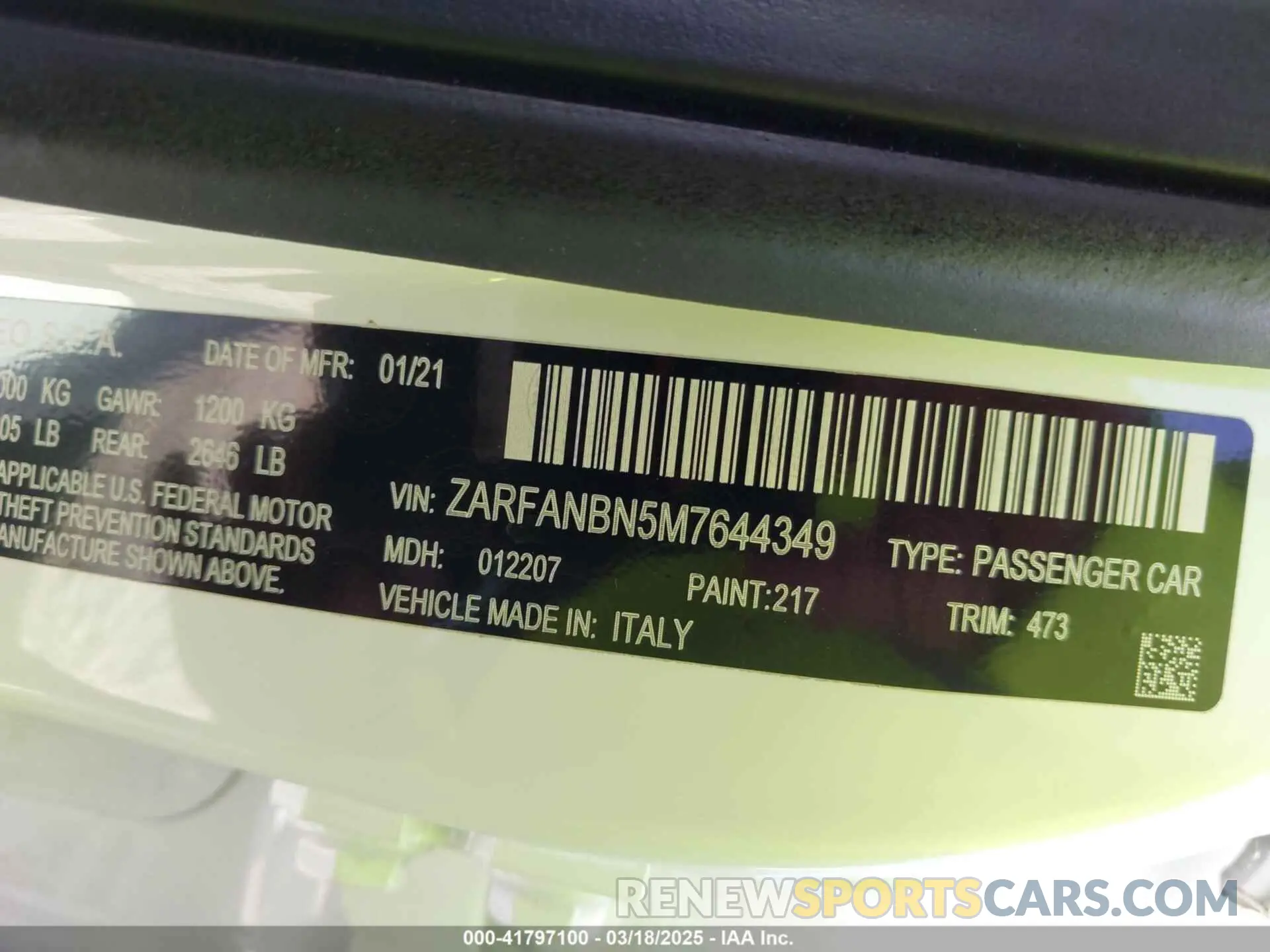 9 Photograph of a damaged car ZARFANBN5M7644349 ALFA ROMEO GIULIA 2021