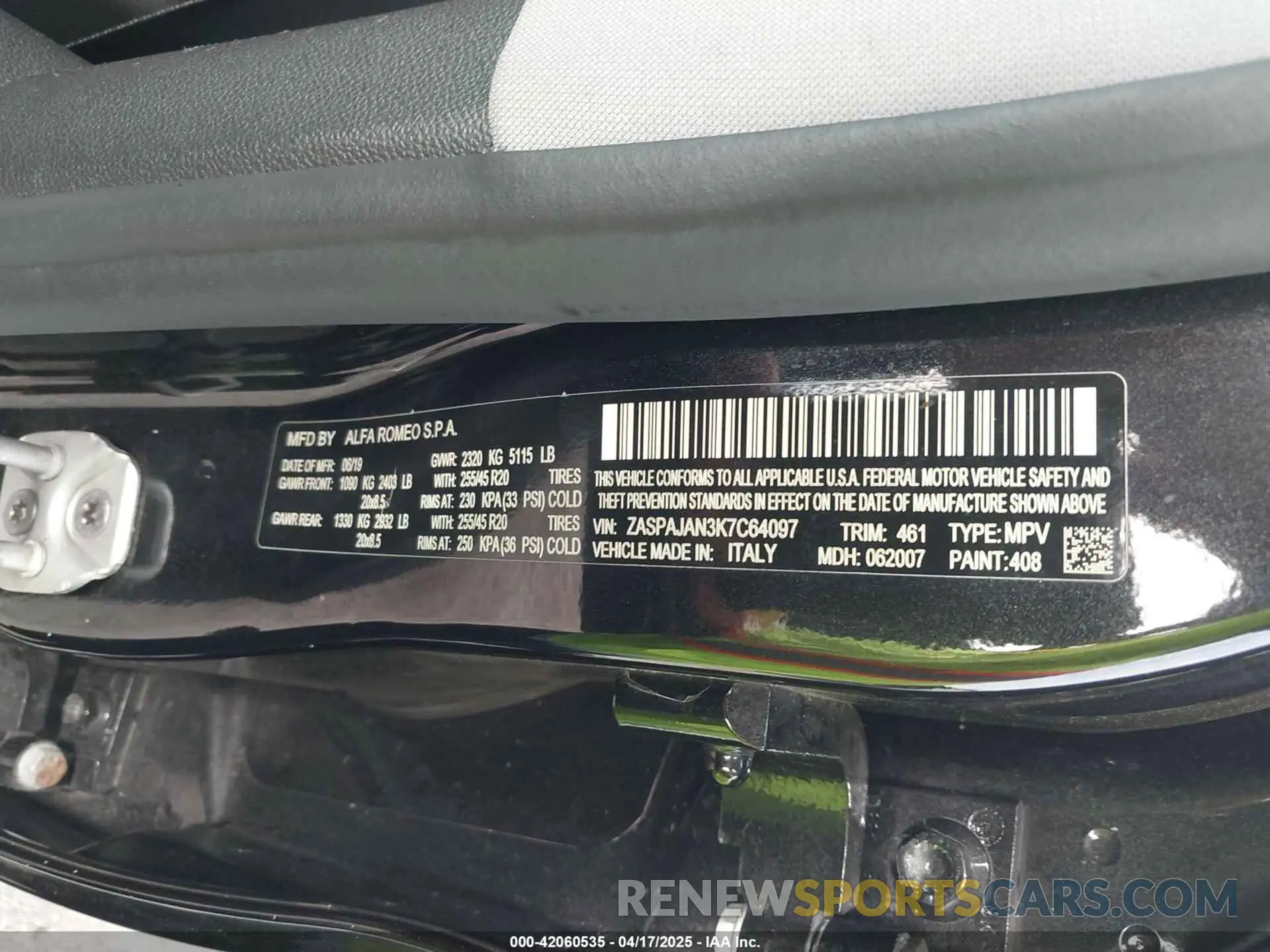 9 Photograph of a damaged car ZASPAJAN3K7C64097 ALFA ROMEO STELVIO 2019