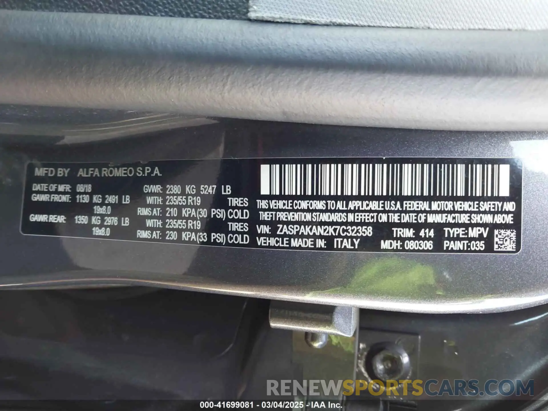 9 Photograph of a damaged car ZASPAKAN2K7C32358 ALFA ROMEO STELVIO 2019