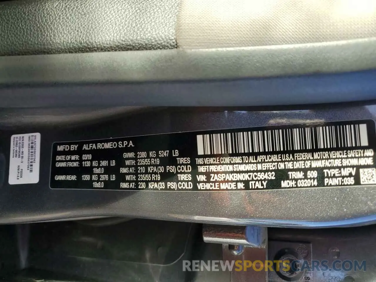 12 Photograph of a damaged car ZASPAKBN0K7C56432 ALFA ROMEO STELVIO 2019