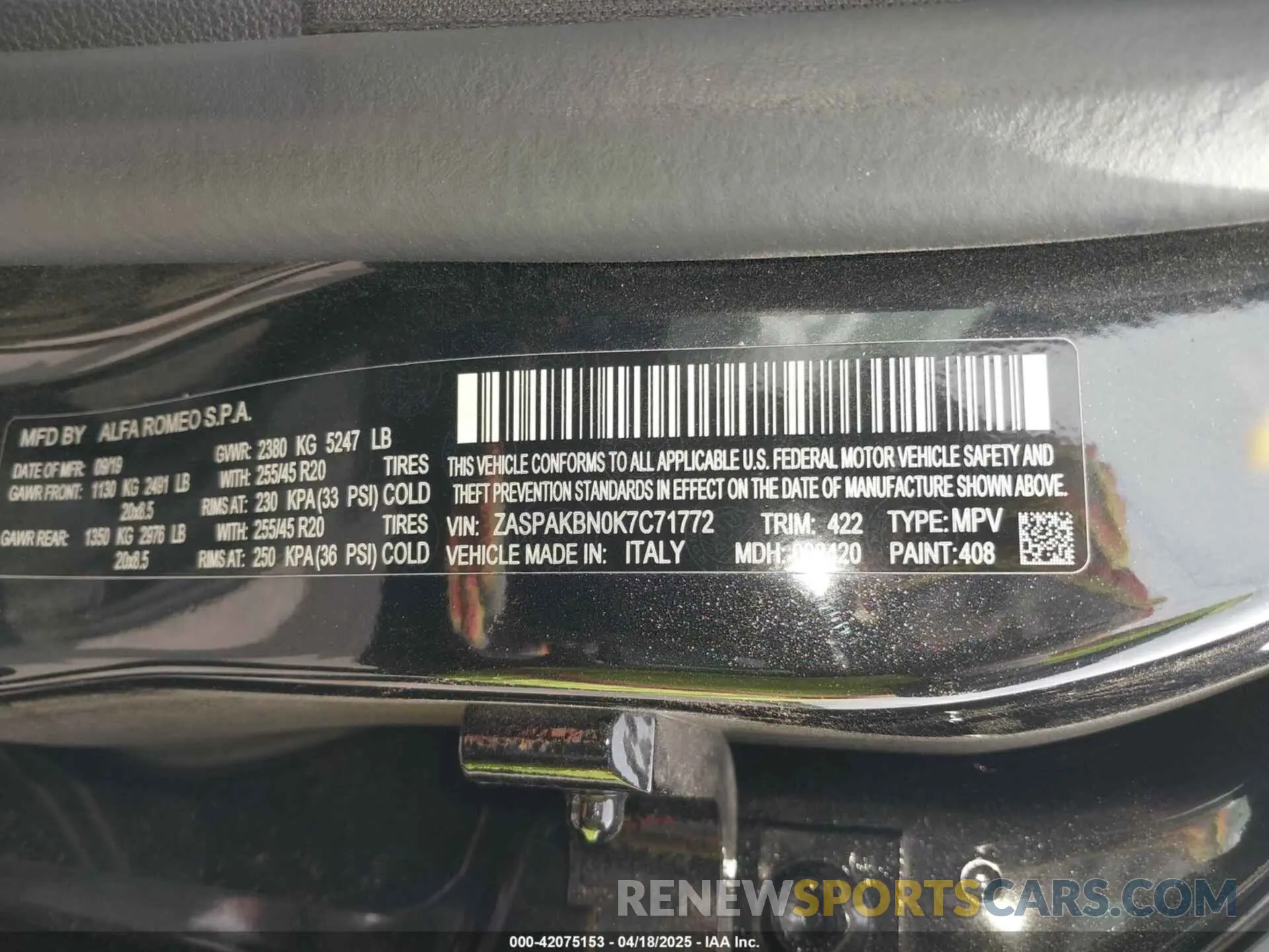 9 Photograph of a damaged car ZASPAKBN0K7C71772 ALFA ROMEO STELVIO 2019