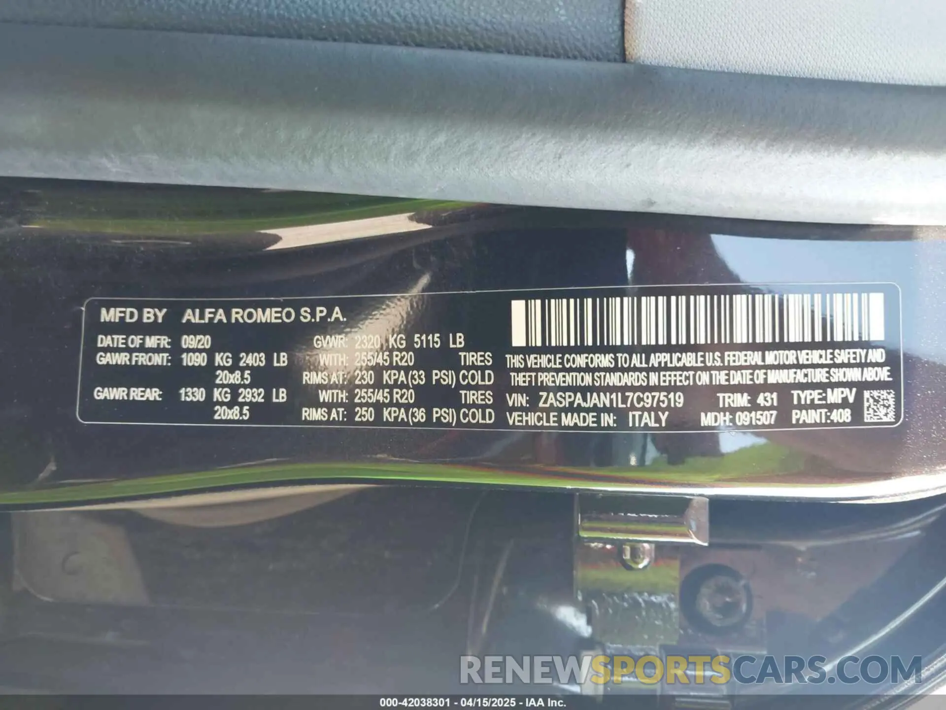9 Photograph of a damaged car ZASPAJAN1L7C97519 ALFA ROMEO STELVIO 2020