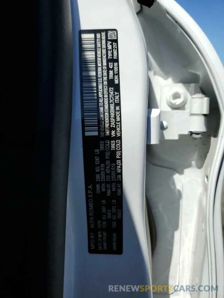 13 Photograph of a damaged car ZASPAKBN6L7C75472 ALFA ROMEO STELVIO 2020