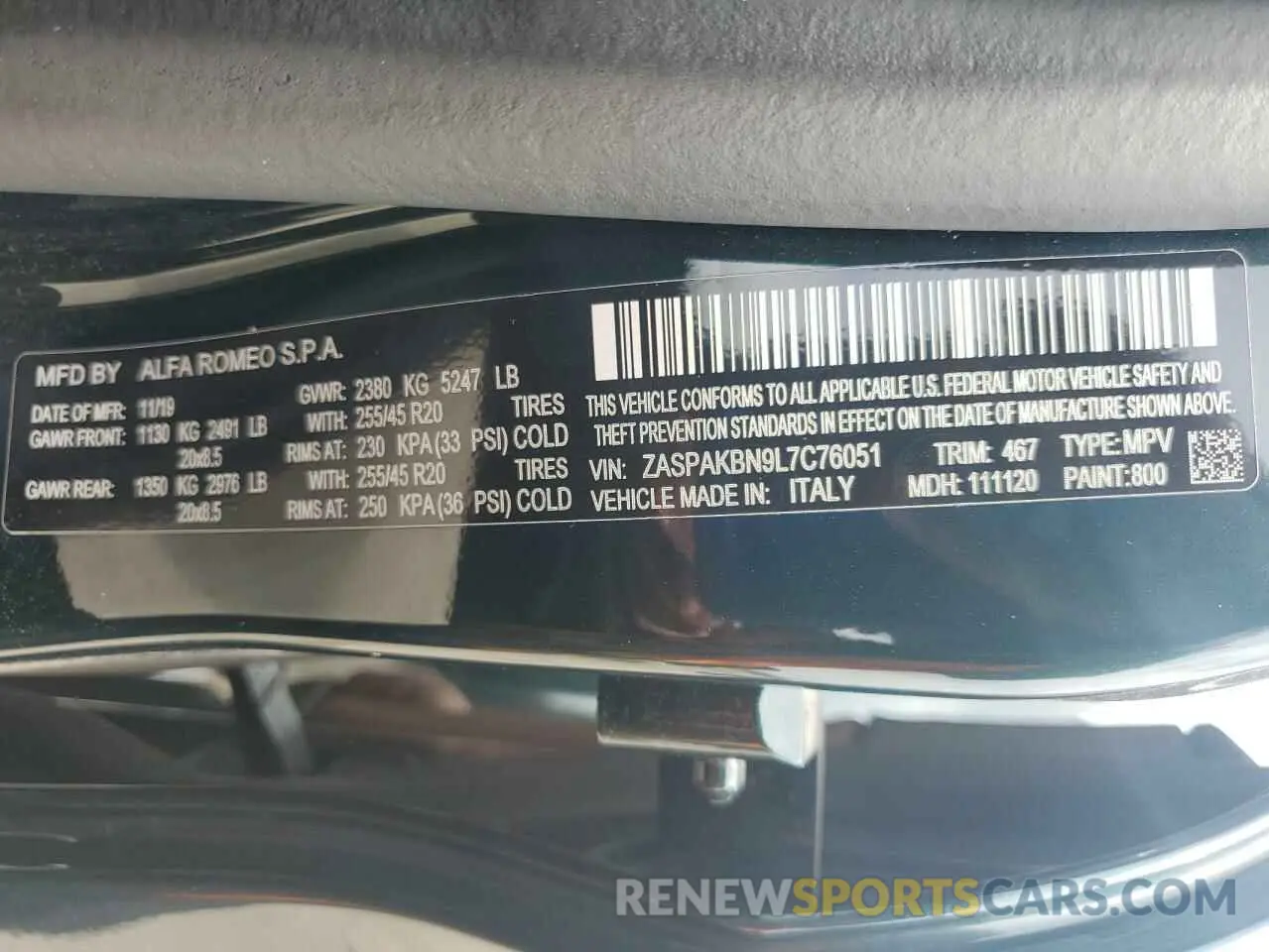 13 Photograph of a damaged car ZASPAKBN9L7C76051 ALFA ROMEO STELVIO 2020