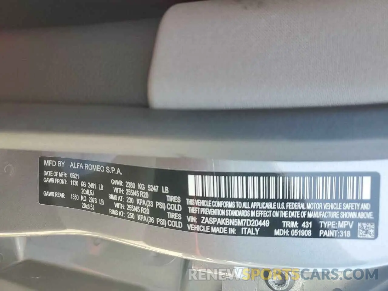 13 Photograph of a damaged car ZASPAKBN5M7D20449 ALFA ROMEO STELVIO 2021