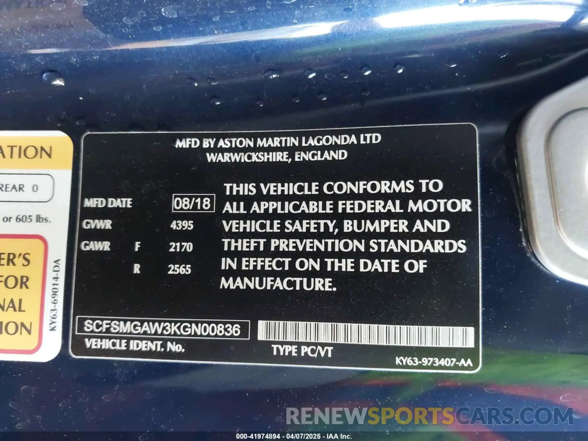 9 Photograph of a damaged car SCFSMGAW3KGN00836 ASTON MARTIN VANTAGE 2019