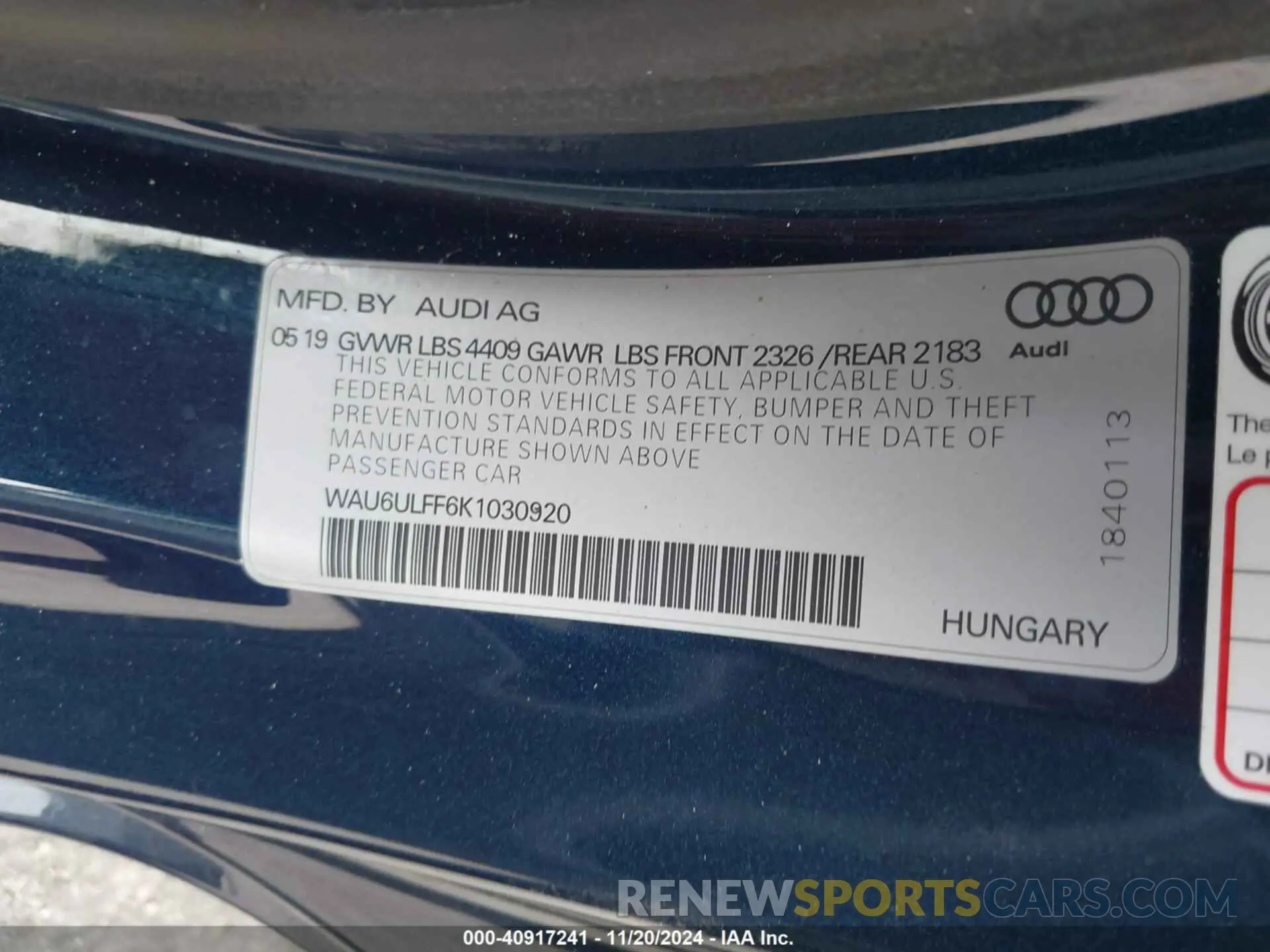 9 Photograph of a damaged car WAU6ULFF6K1030920 AUDI A3 2019
