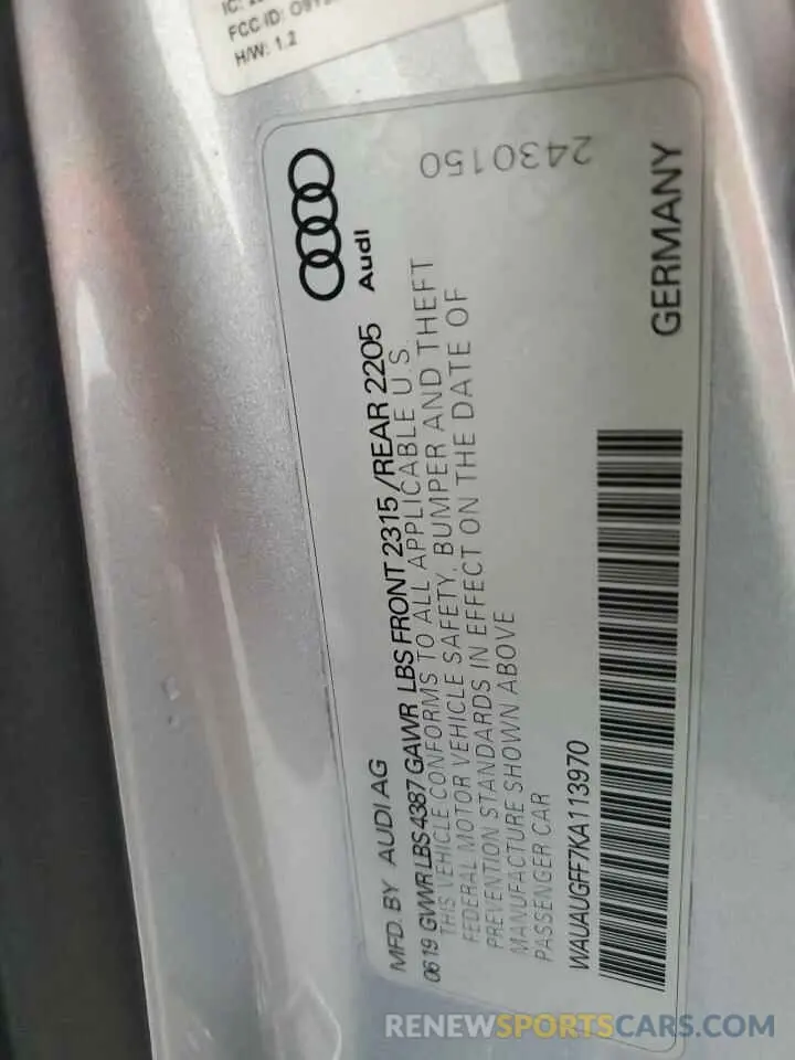 12 Photograph of a damaged car WAUAUGFF7KA113970 AUDI A3 2019