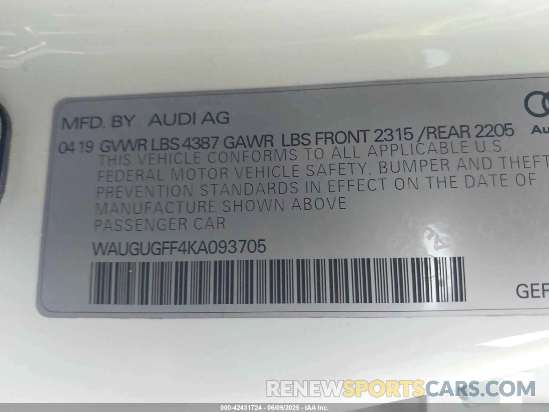 9 Photograph of a damaged car WAUGUGFF4KA093705 AUDI A3 2019