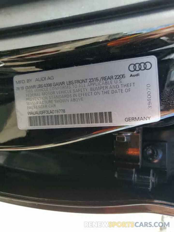 10 Photograph of a damaged car WAUAUGFF3LA019778 AUDI A3 2020