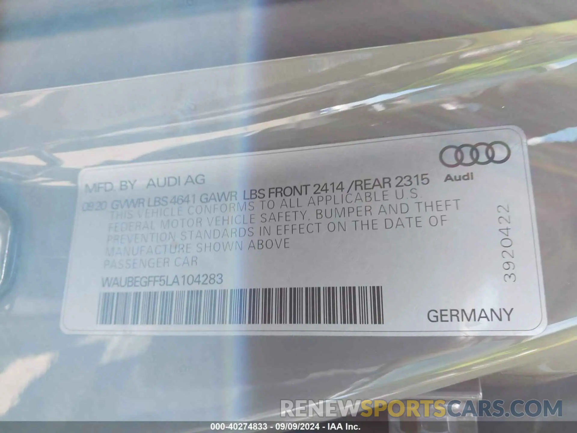 9 Photograph of a damaged car WAUBEGFF5LA104283 AUDI A3 2020