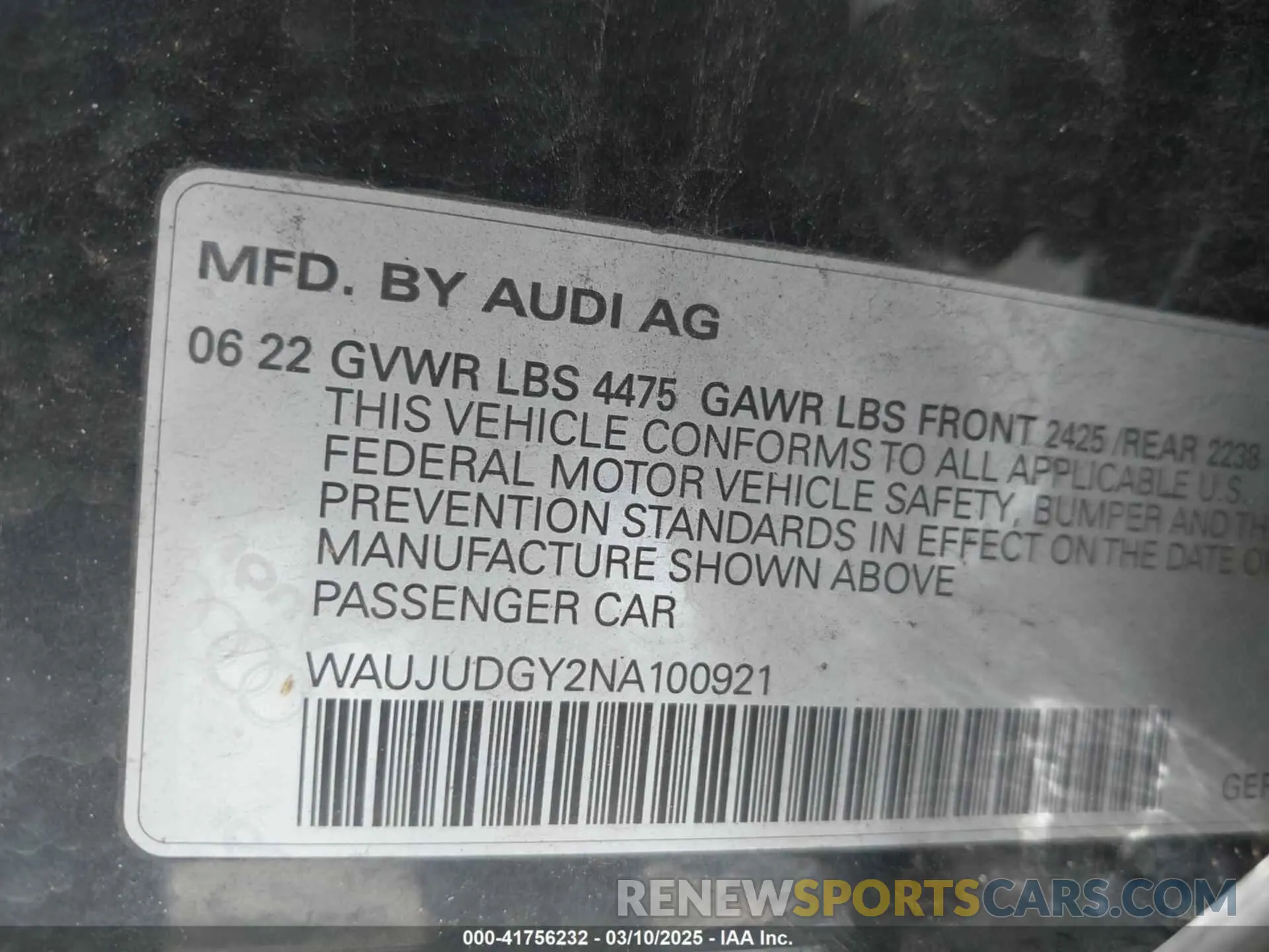 9 Photograph of a damaged car WAUJUDGY2NA100921 AUDI A3 2022