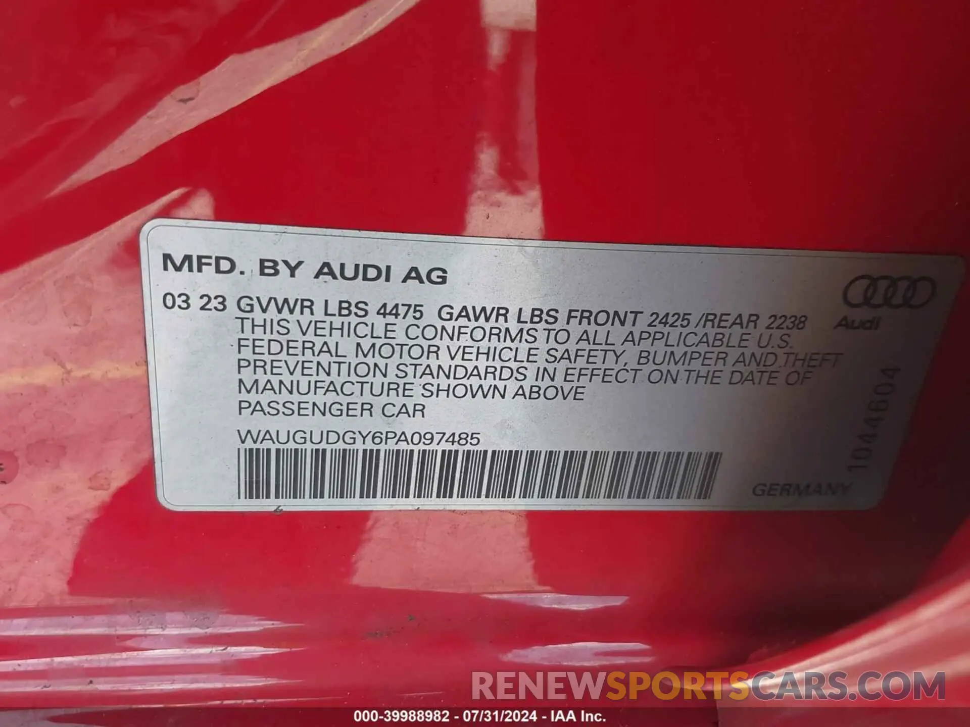 9 Photograph of a damaged car WAUGUDGY6PA097485 AUDI A3 2023