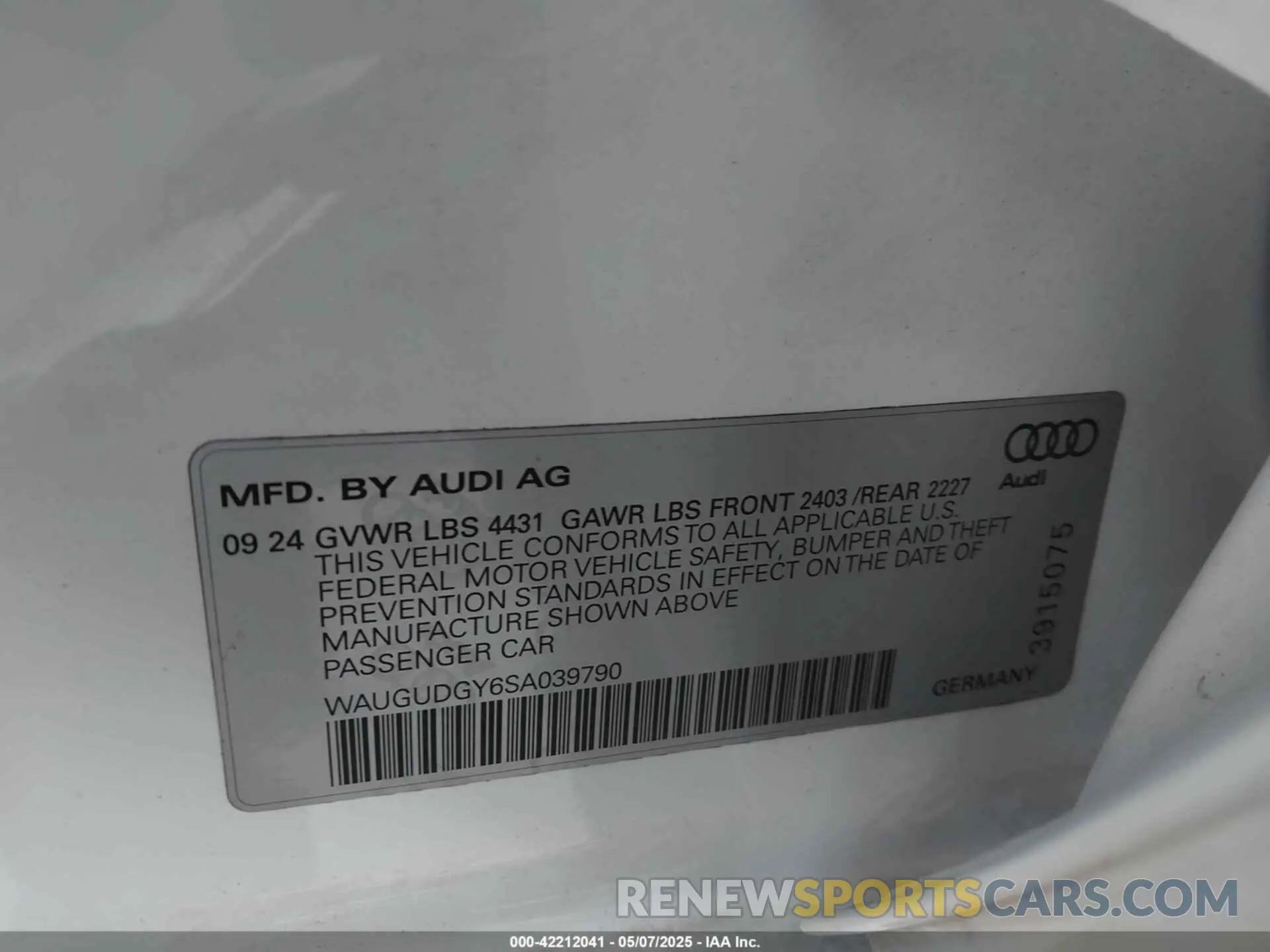9 Photograph of a damaged car WAUGUDGY6SA039790 AUDI A3 2025