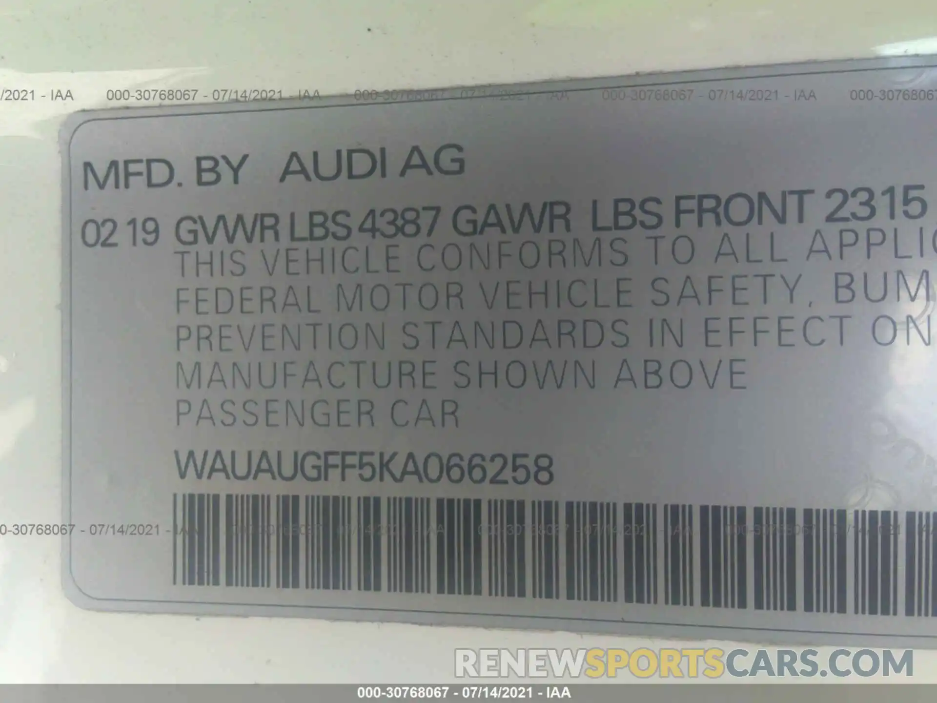 9 Photograph of a damaged car WAUAUGFF5KA066258 AUDI A3 SEDAN 2019