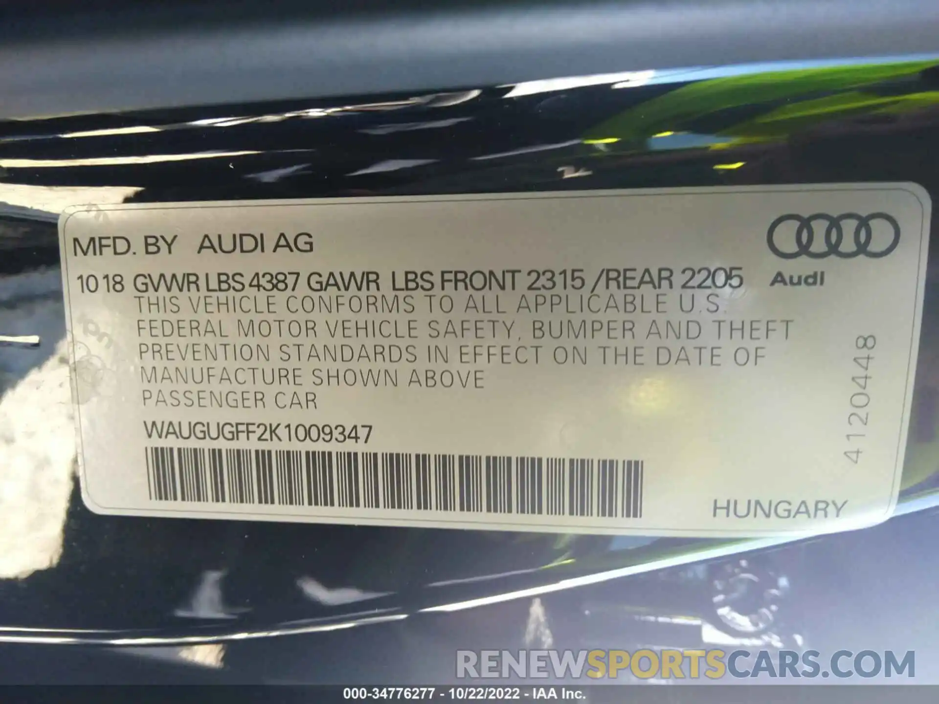 9 Photograph of a damaged car WAUGUGFF2K1009347 AUDI A3 SEDAN 2019