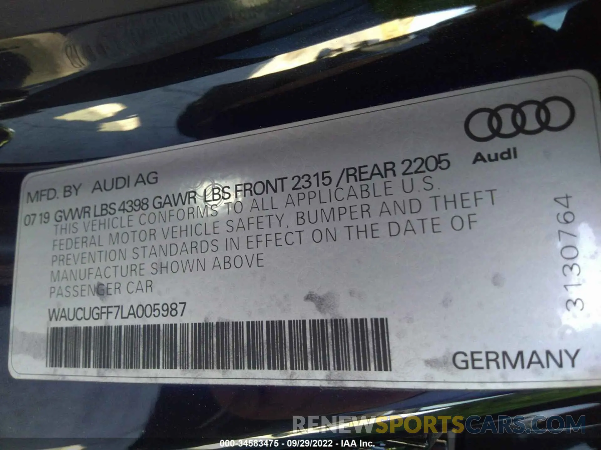 9 Photograph of a damaged car WAUCUGFF7LA005987 AUDI A3 SEDAN 2020